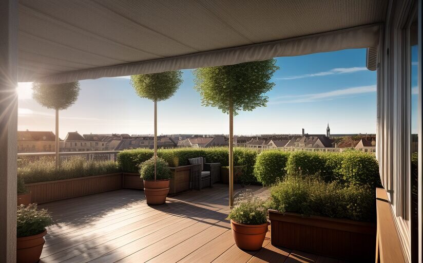 Terrasse mit Ausblick auf eine Stadt mit vielen Büschen und Hecken