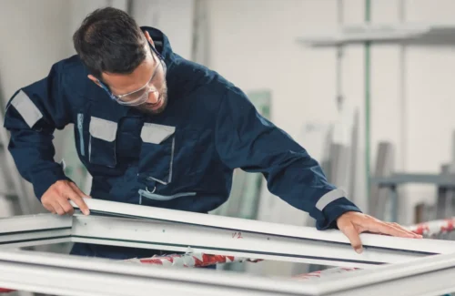 Mitarbeiter in blauer Arbeitskleidung und Schutzbrille baut konzentriert einen weißen Fensterrahmen.