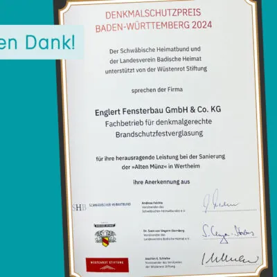 Urkunde Denkmalschutzpreis Baden Württemberg 2024